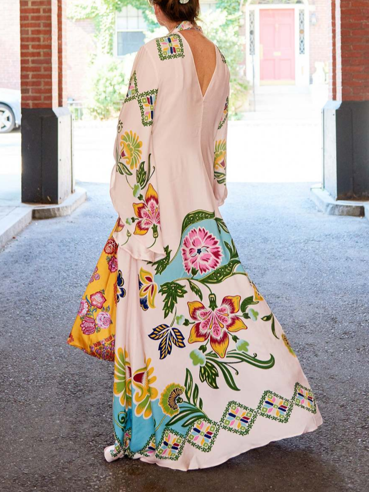 Floral Botanical Print Mock Neck Flare Sleeve Boho Maxi Dress