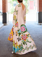 Floral Botanical Print Mock Neck Flare Sleeve Boho Maxi Dress