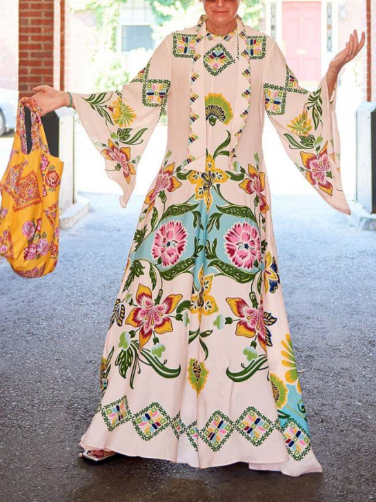 Floral Botanical Print Mock Neck Flare Sleeve Boho Maxi Dress