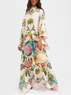 Floral Botanical Print Mock Neck Flare Sleeve Boho Maxi Dress