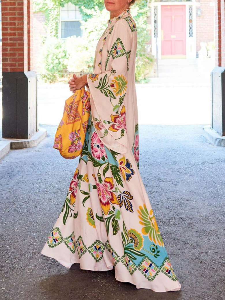 Floral Botanical Print Mock Neck Flare Sleeve Boho Maxi Dress