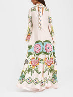 Floral Botanical Print Mock Neck Flare Sleeve Boho Maxi Dress