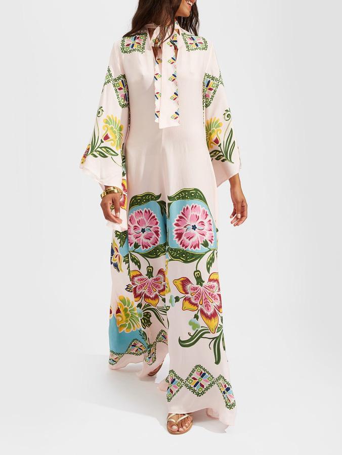 Floral Botanical Print Mock Neck Flare Sleeve Boho Maxi Dress
