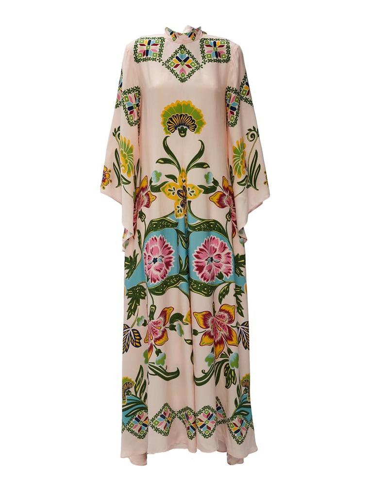 Floral Botanical Print Mock Neck Flare Sleeve Boho Maxi Dress