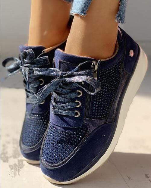 Crystal Embellished Suede Side Zip Lace Up Platform Sneaker