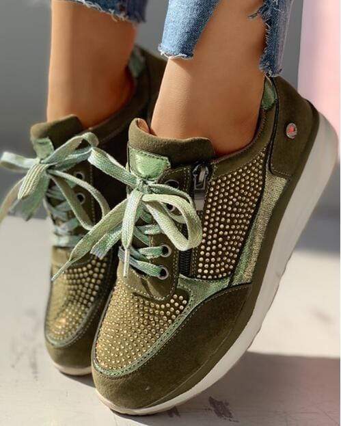 Crystal Embellished Suede Side Zip Lace Up Platform Sneaker