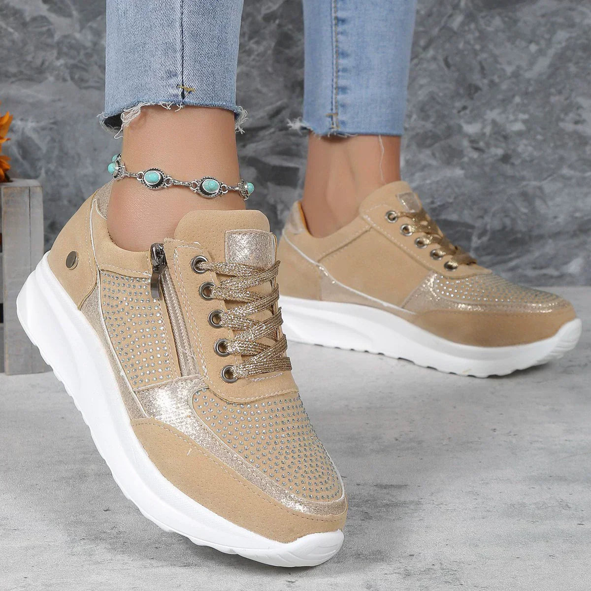 Crystal Embellished Suede Side Zip Lace Up Platform Sneaker