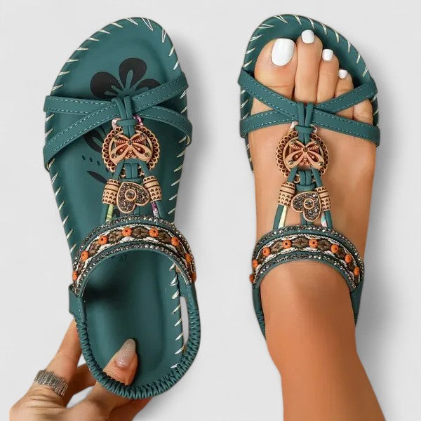 Boho Beaded Rhinestone Elastic Strap Flat Toe Ring Sandal