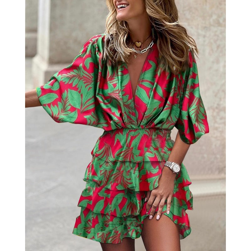 Abstract Print Smocked Waist Tiered Ruffle Mini Dresses