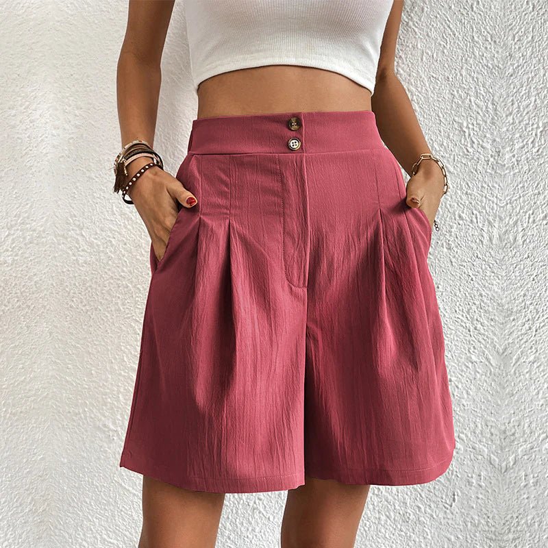 High Waist Double Button Pleated Wide Leg Casual Short