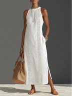 Tonal Lace Insert Gathered Neck Sleeveless Side Split Midi Dress
