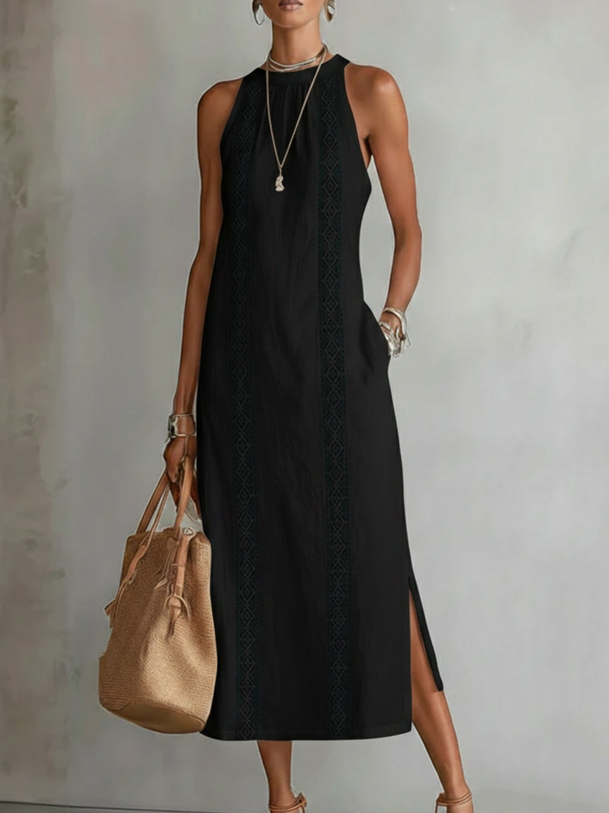 Tonal Lace Insert Gathered Neck Sleeveless Side Split Midi Dress