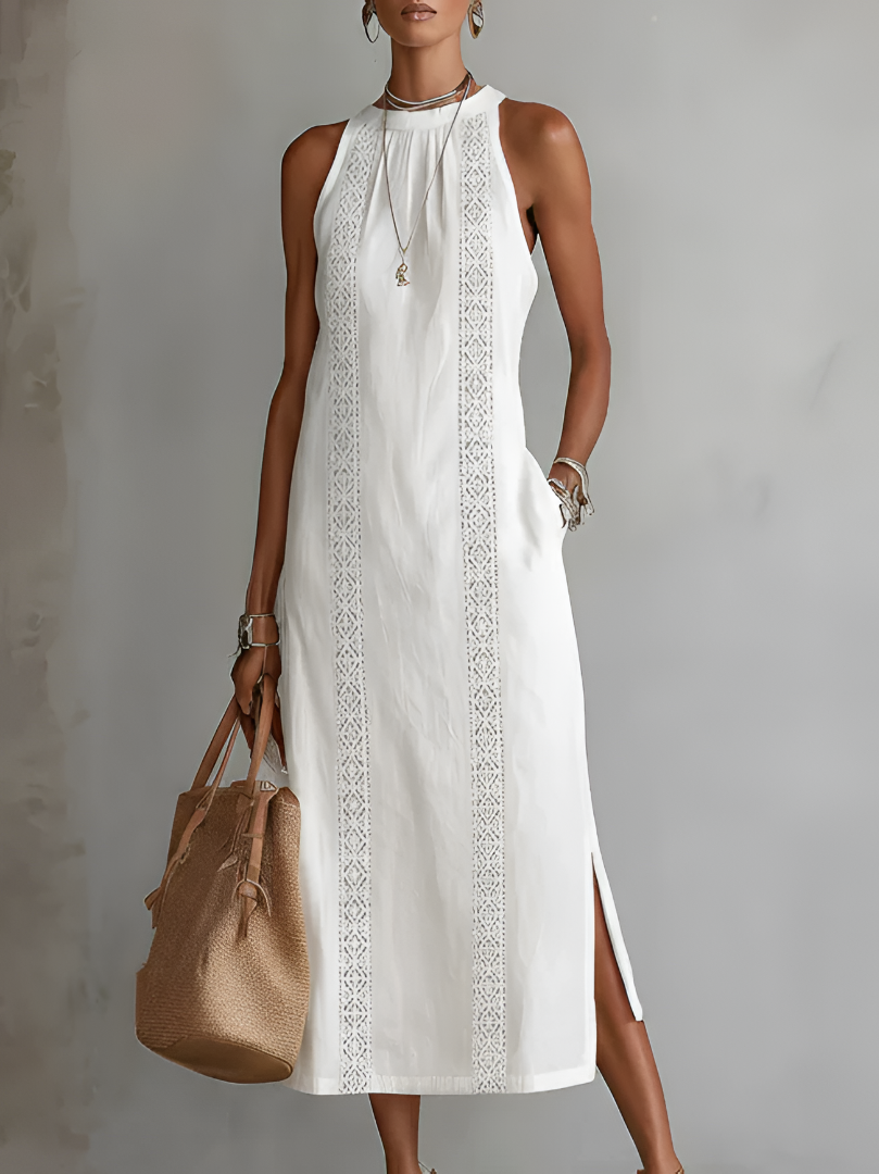 Tonal Lace Insert Gathered Neck Sleeveless Side Split Midi Dress