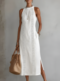 Tonal Lace Insert Gathered Neck Sleeveless Side Split Midi Dress
