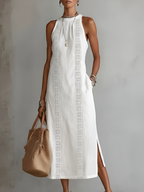 Tonal Lace Insert Gathered Neck Sleeveless Side Split Midi Dress
