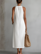 Tonal Lace Insert Gathered Neck Sleeveless Side Split Midi Dress