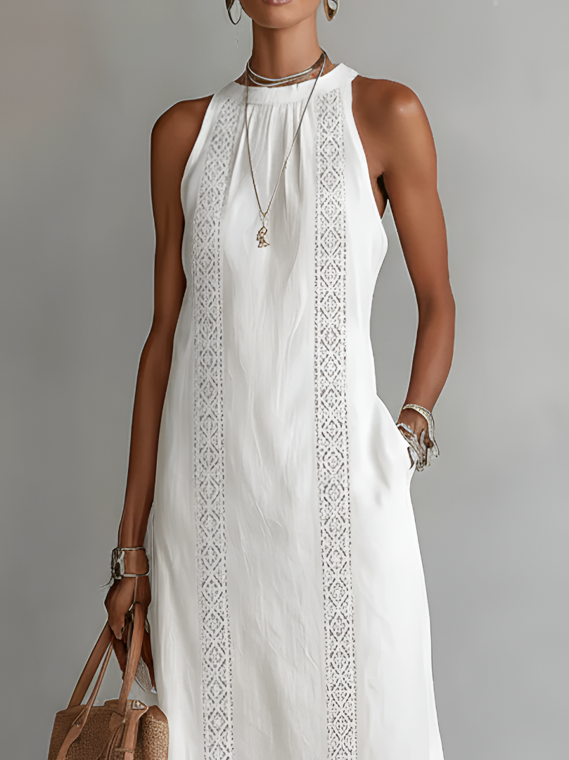 Tonal Lace Insert Gathered Neck Sleeveless Side Split Midi Dress