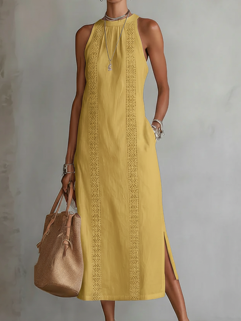 Tonal Lace Insert Gathered Neck Sleeveless Side Split Midi Dress