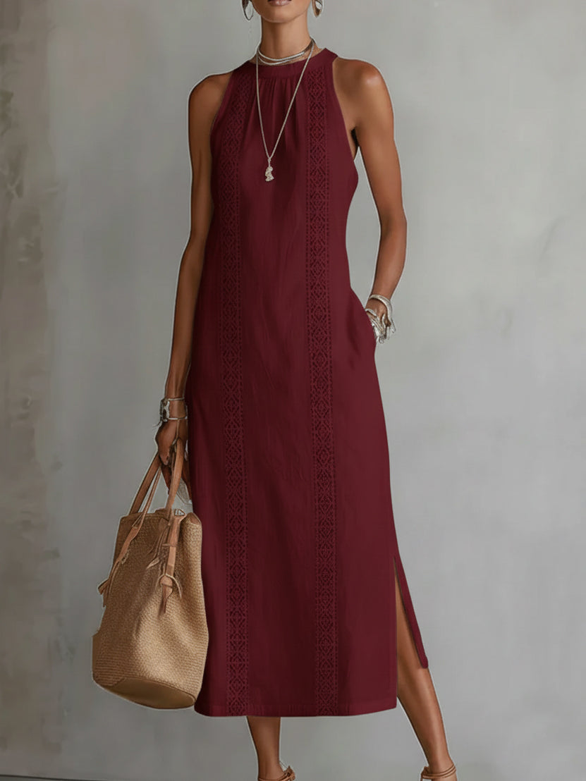 Tonal Lace Insert Gathered Neck Sleeveless Side Split Midi Dress