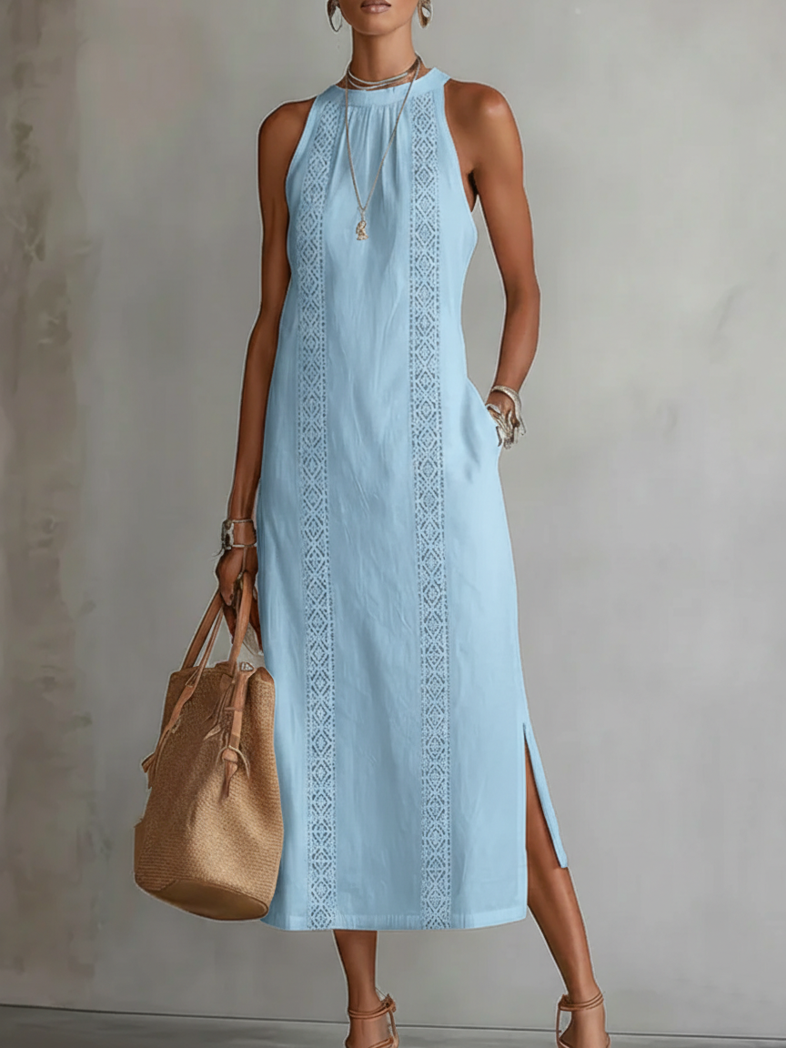 Tonal Lace Insert Gathered Neck Sleeveless Side Split Midi Dress