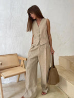 Linen Button Front Waistcoat and Wide Leg Pant Set