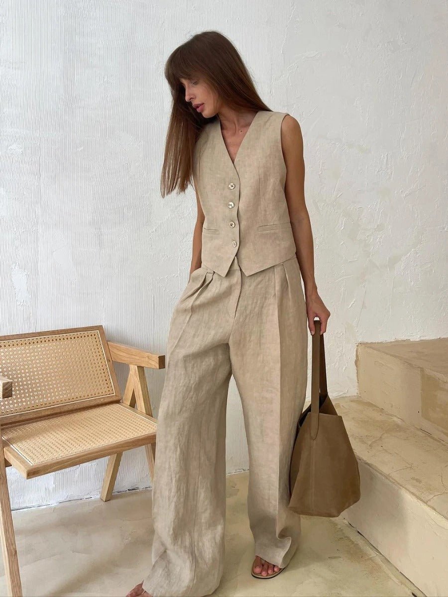 Linen Button Front Waistcoat and Wide Leg Pant Set