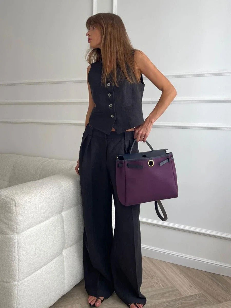 Linen Button Front Waistcoat and Wide Leg Pant Set