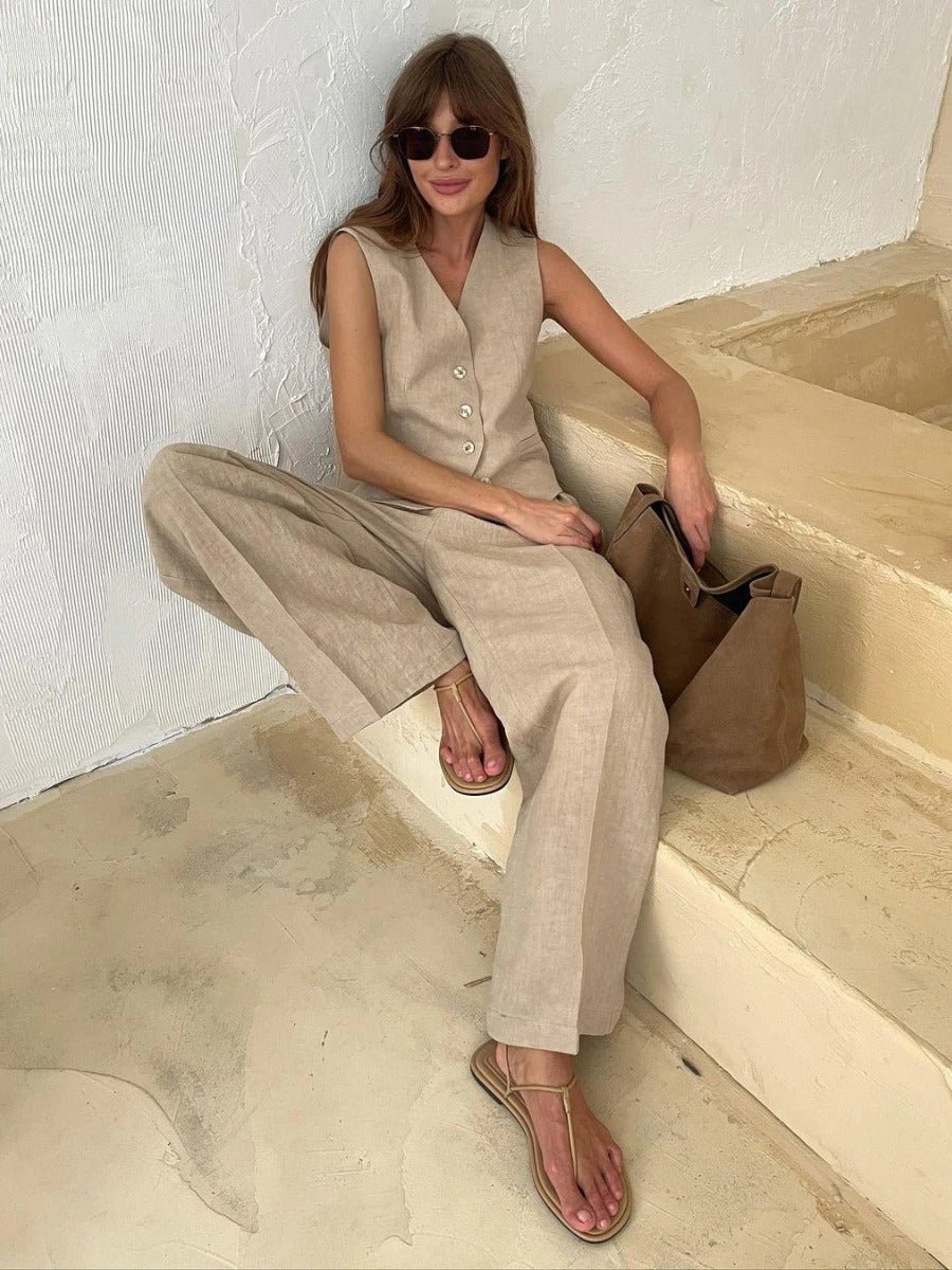 Linen Button Front Waistcoat and Wide Leg Pant Set