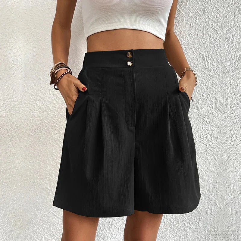High Waist Double Button Pleated Wide Leg Casual Short