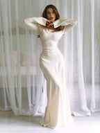 Satin Bias Cut Flare Sleeve Cowl Neck Maxi Dress - Formal Evening Gown