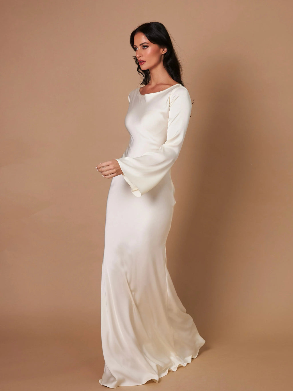 Satin Bias Cut Flare Sleeve Cowl Neck Maxi Dress - Formal Evening Gown