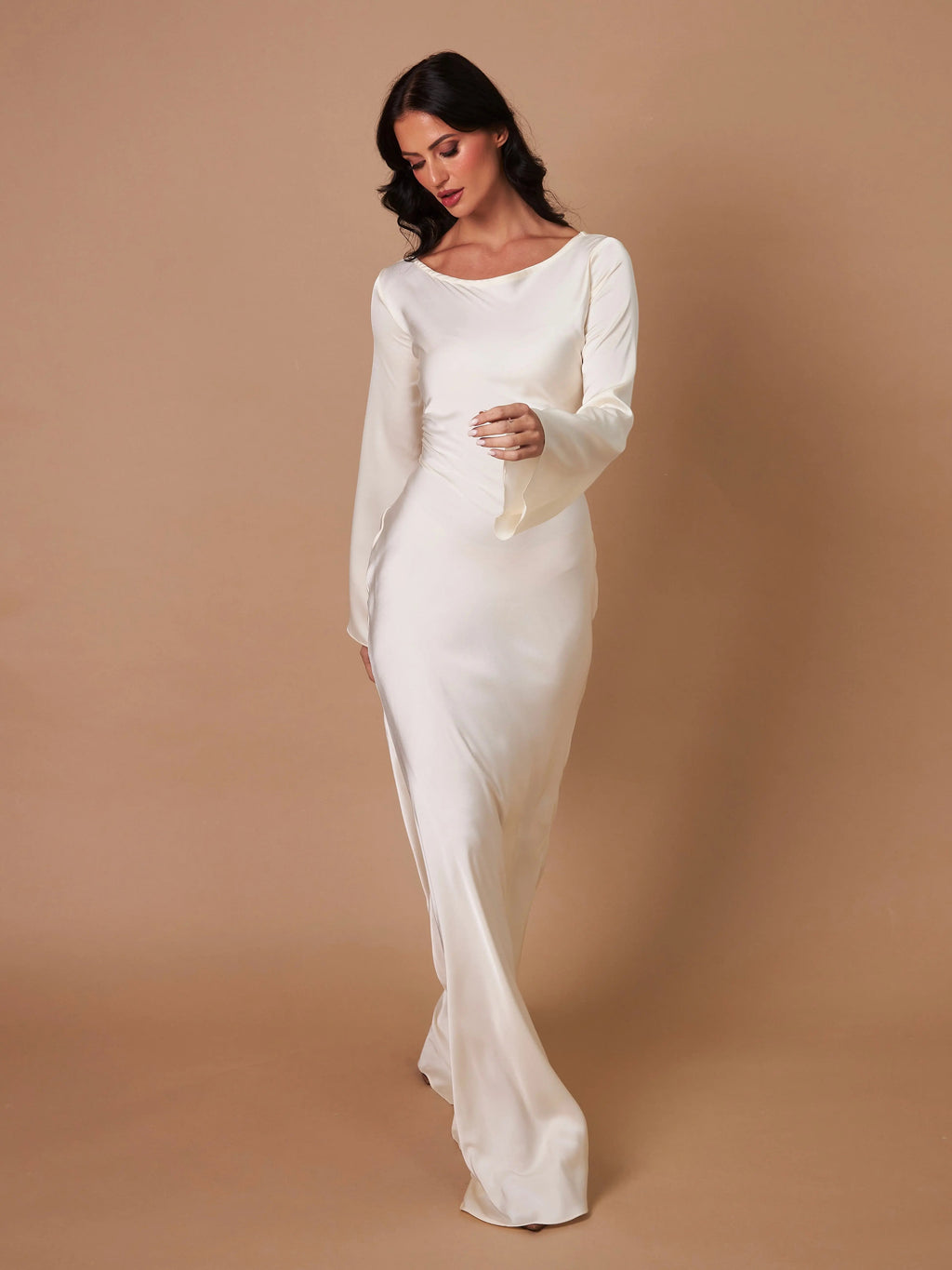 Satin Bias Cut Flare Sleeve Cowl Neck Maxi Dress - Formal Evening Gown