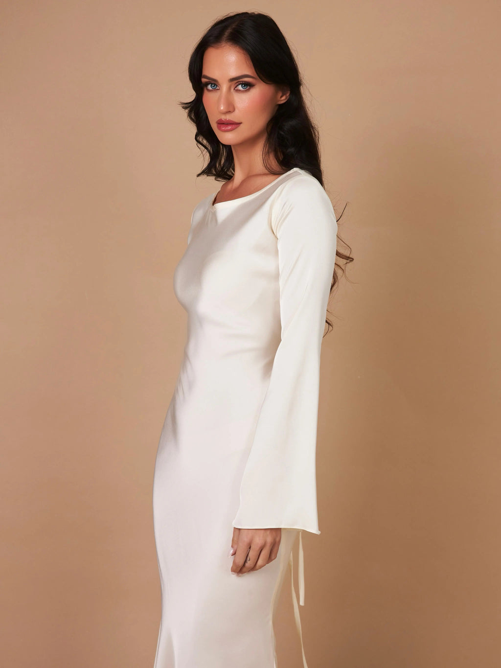 Satin Bias Cut Flare Sleeve Cowl Neck Maxi Dress - Formal Evening Gown