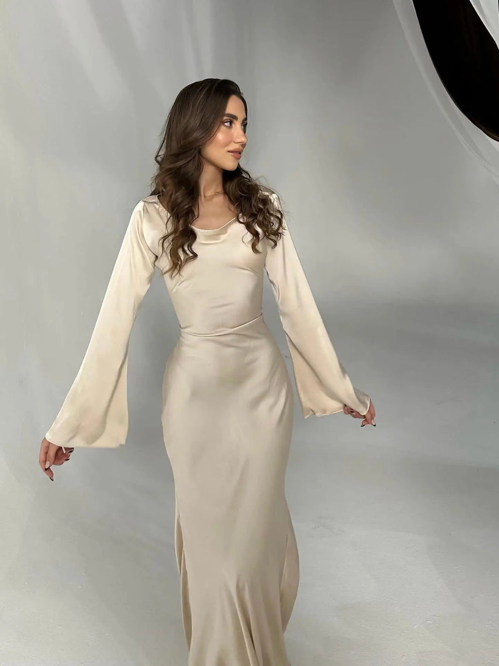 Satin Bias Cut Flare Sleeve Cowl Neck Maxi Dress - Formal Evening Gown