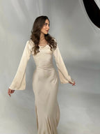 Satin Bias Cut Flare Sleeve Cowl Neck Maxi Dress - Formal Evening Gown