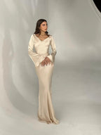 Satin Bias Cut Flare Sleeve Cowl Neck Maxi Dress - Formal Evening Gown