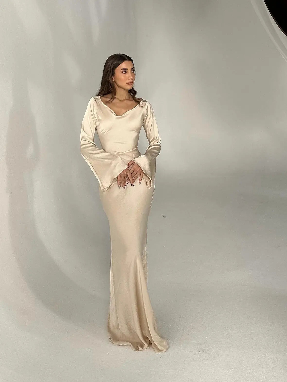 Satin Bias Cut Flare Sleeve Cowl Neck Maxi Dress - Formal Evening Gown