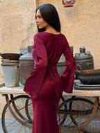 Satin Bias Cut Flare Sleeve Cowl Neck Maxi Dress - Formal Evening Gown