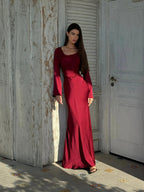 Satin Bias Cut Flare Sleeve Cowl Neck Maxi Dress - Formal Evening Gown