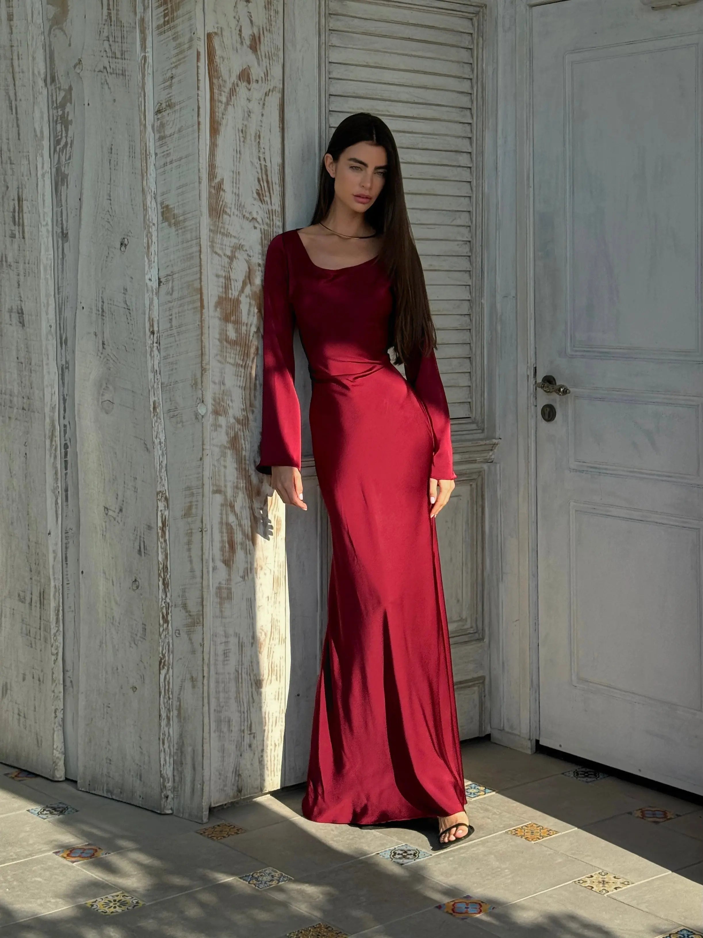 Satin Bias Cut Flare Sleeve Cowl Neck Maxi Dress - Formal Evening Gown