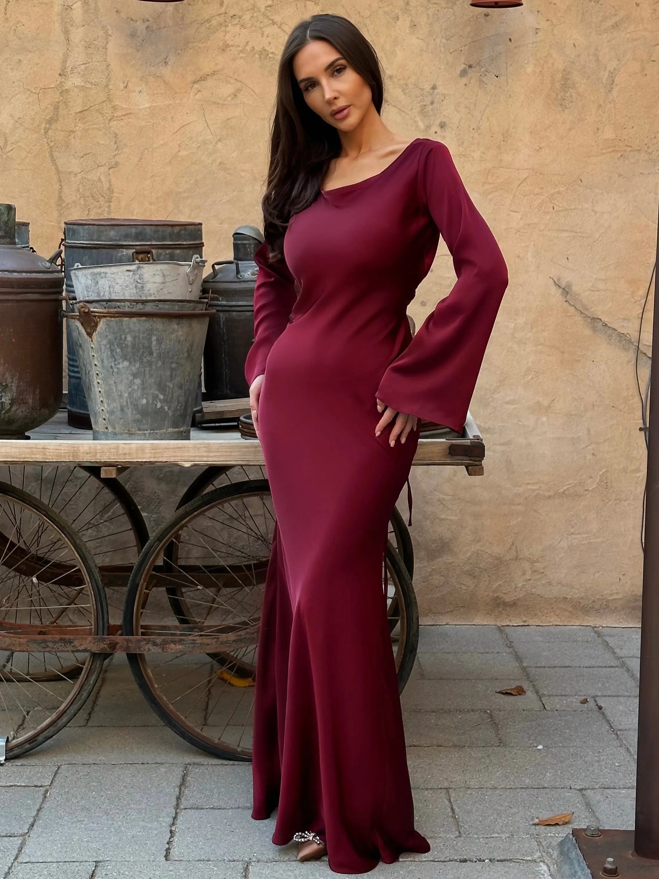 Satin Bias Cut Flare Sleeve Cowl Neck Maxi Dress - Formal Evening Gown