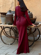 Satin Bias Cut Flare Sleeve Cowl Neck Maxi Dress - Formal Evening Gown