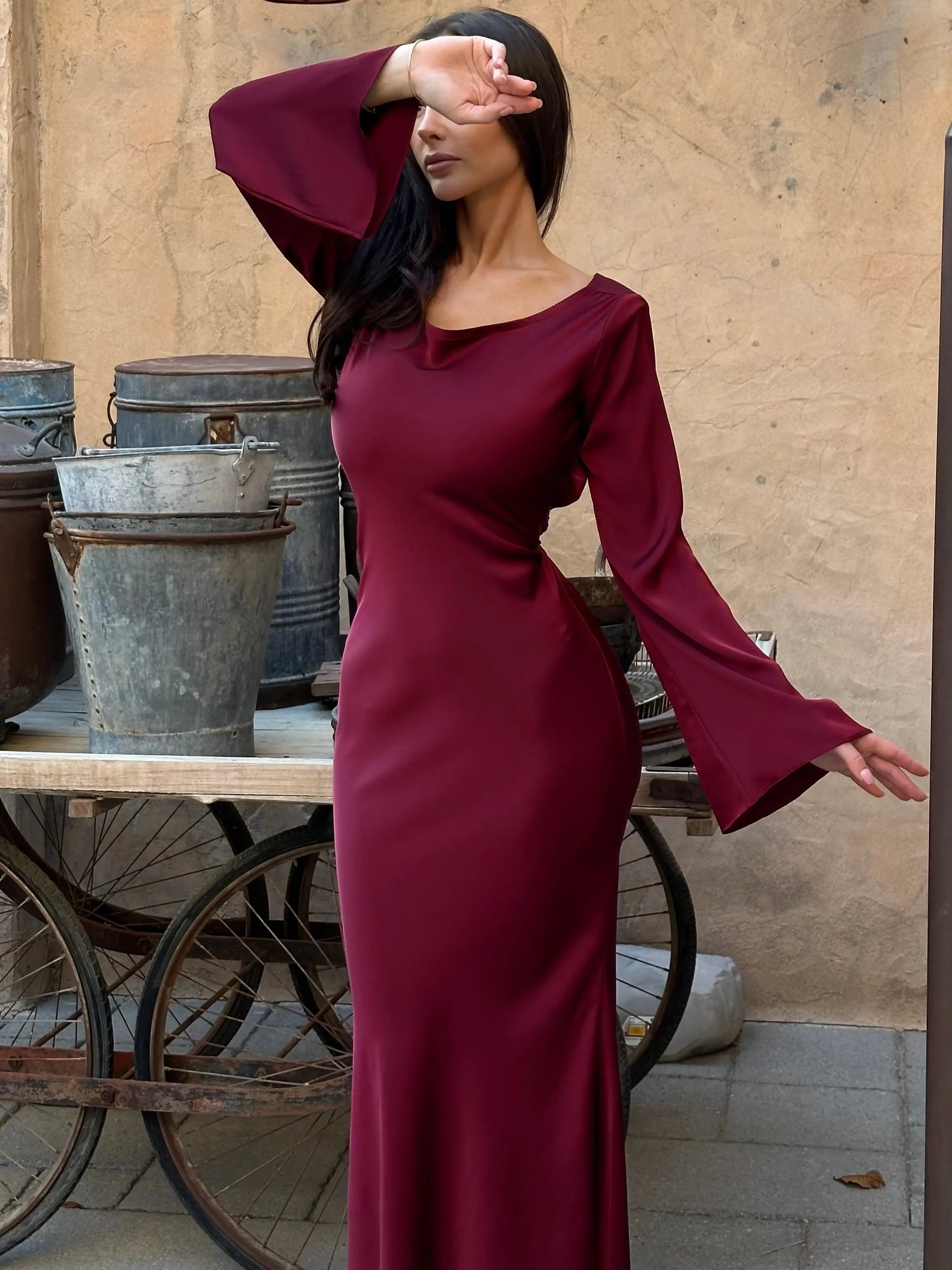 Satin Bias Cut Flare Sleeve Cowl Neck Maxi Dress - Formal Evening Gown