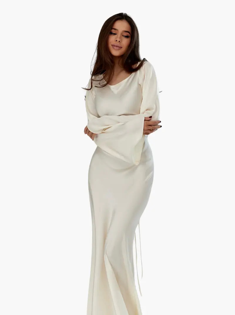 Satin Bias Cut Flare Sleeve Cowl Neck Maxi Dress - Formal Evening Gown