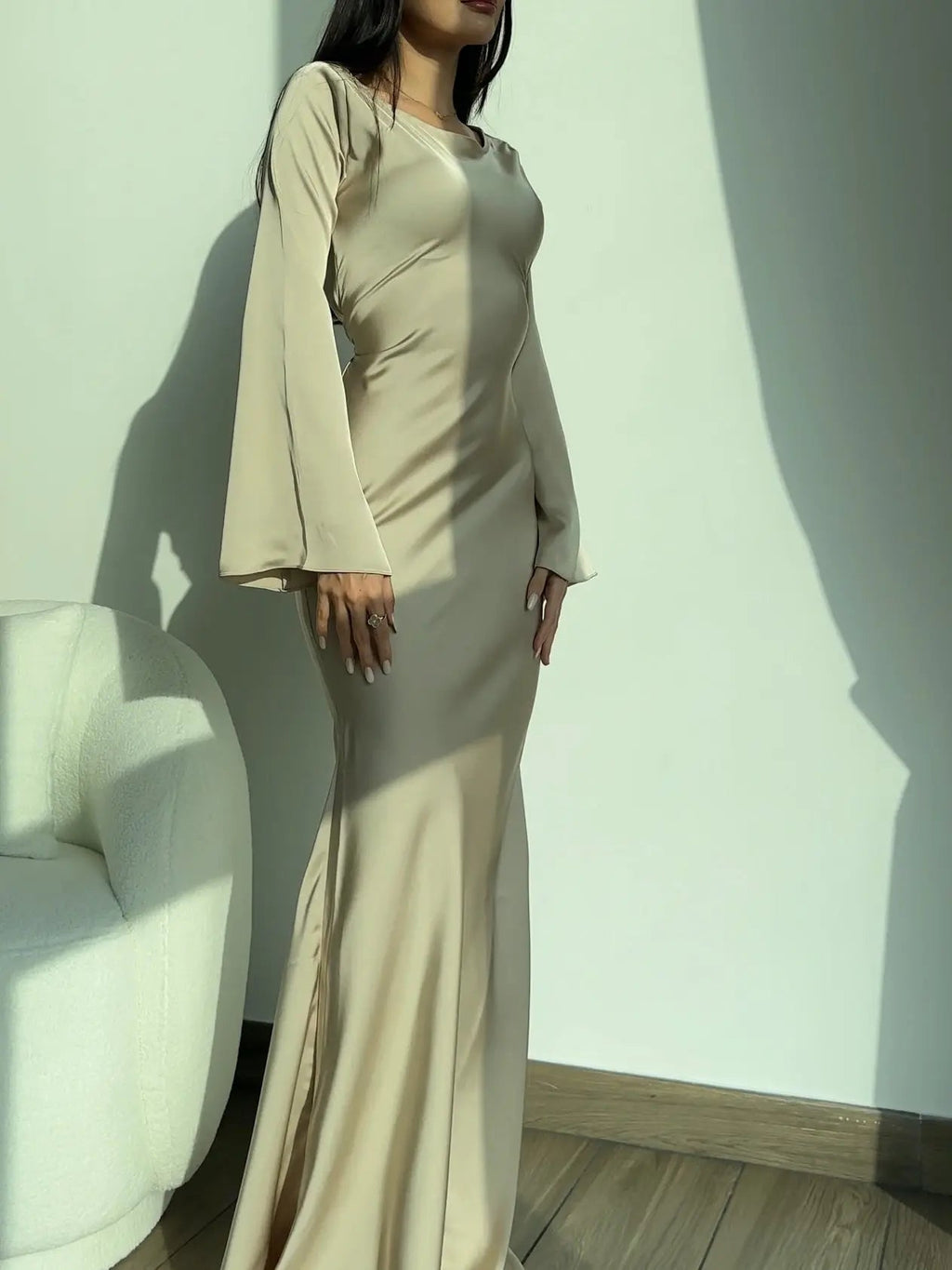 Satin Bias Cut Flare Sleeve Cowl Neck Maxi Dress - Formal Evening Gown