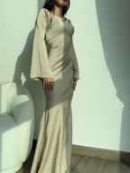 Satin Bias Cut Flare Sleeve Cowl Neck Maxi Dress - Formal Evening Gown