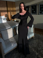 Satin Bias Cut Flare Sleeve Cowl Neck Maxi Dress - Formal Evening Gown