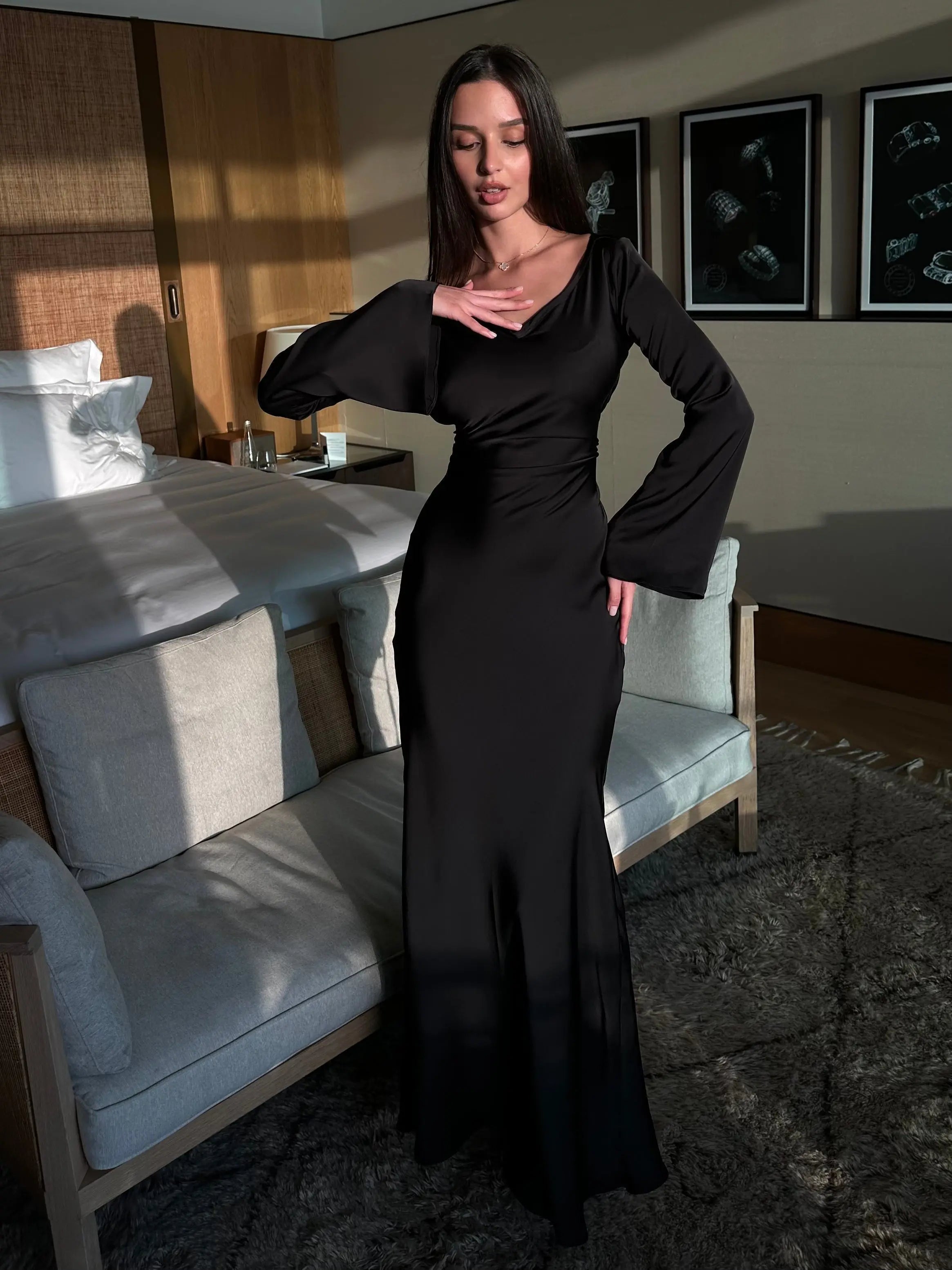 Satin Bias Cut Flare Sleeve Cowl Neck Maxi Dress - Formal Evening Gown