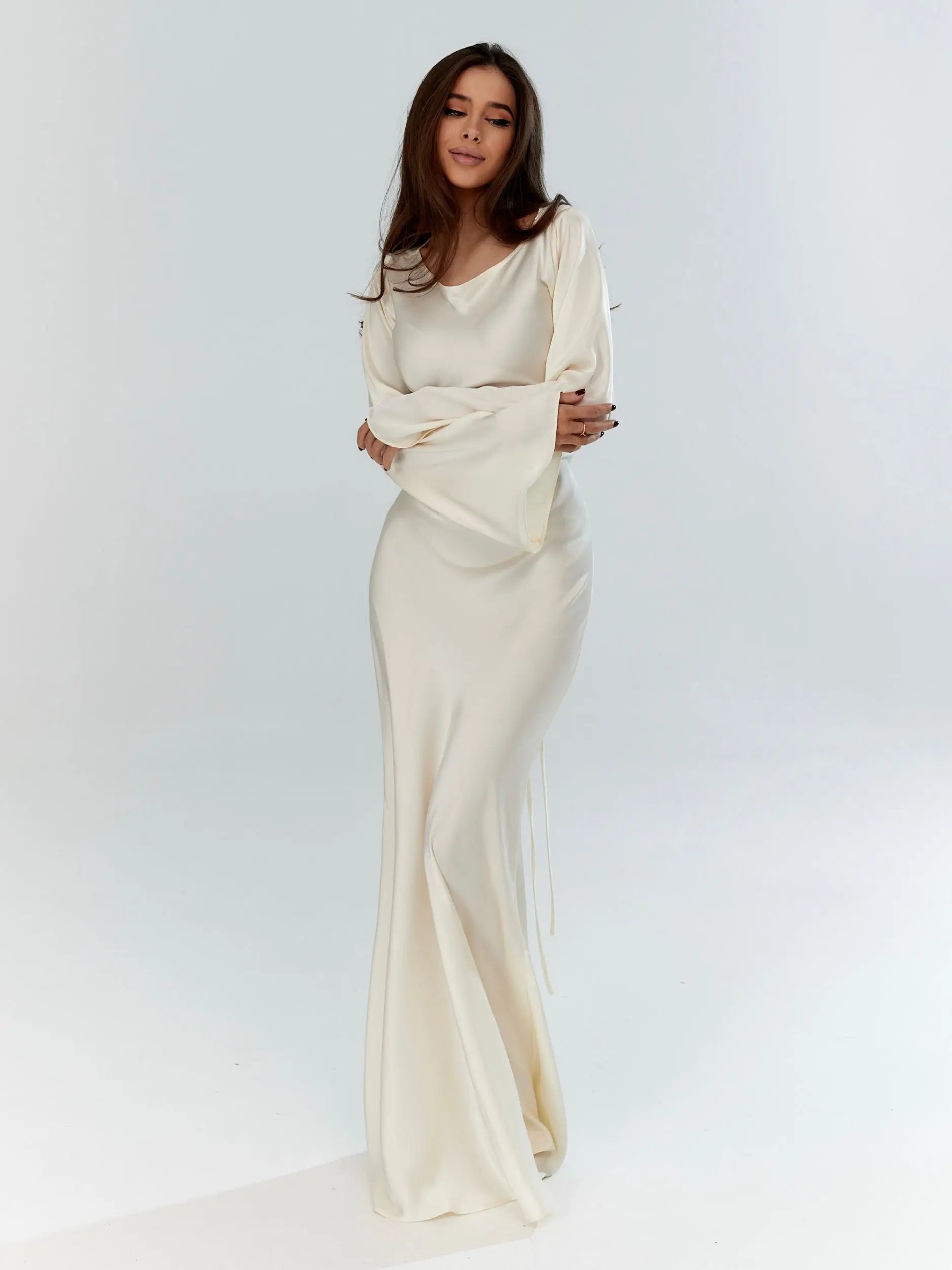 Satin Bias Cut Flare Sleeve Cowl Neck Maxi Dress - Formal Evening Gown