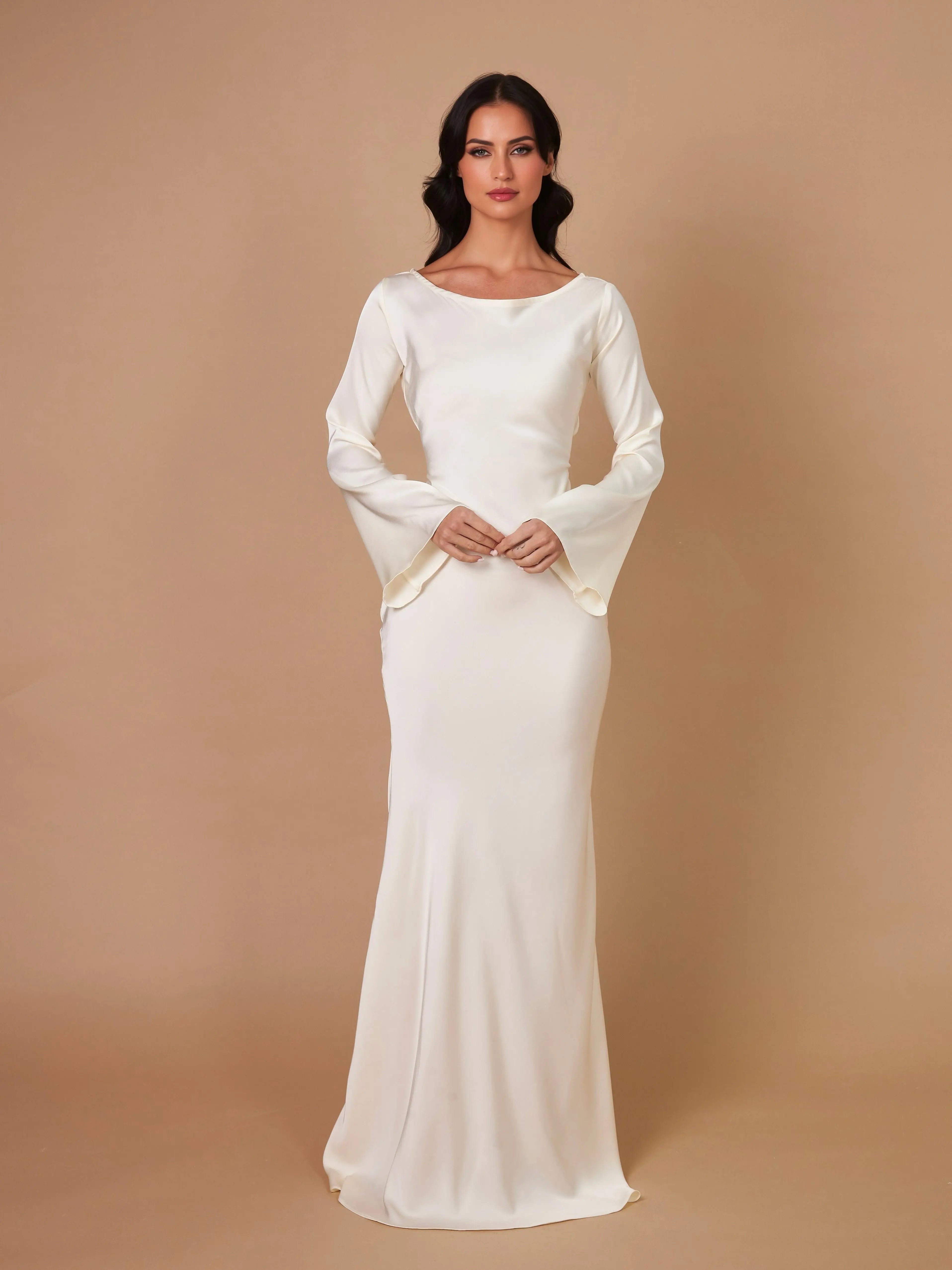 Satin Bias Cut Flare Sleeve Cowl Neck Maxi Dress - Formal Evening Gown